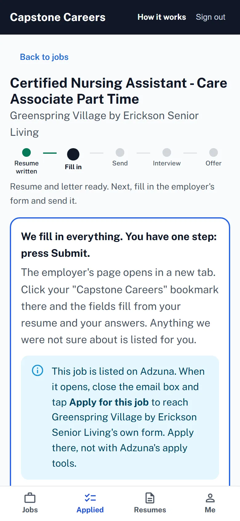 An application in Capstone Careers with its progress marker: resume written, fill in, send