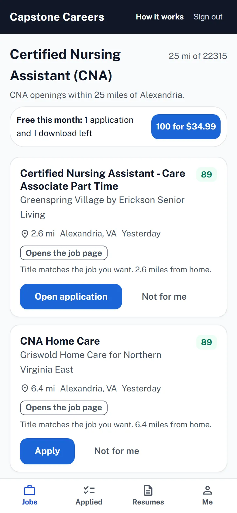 The Capstone Careers jobs list on a phone