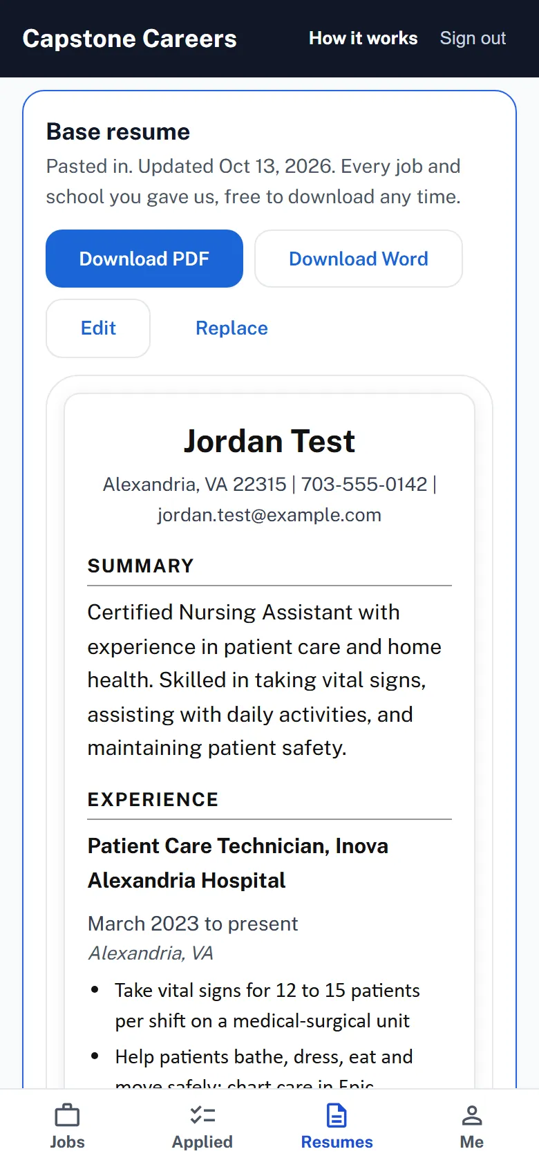 A base resume in Capstone Careers, ready to download in PDF or Word